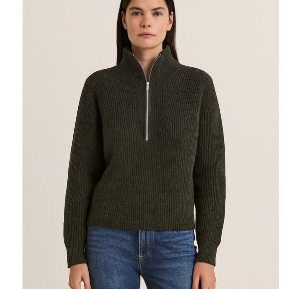 AYR The Fluffito Merino Wool Ribbed Knit Half Zip Sweater Pesto Green - Picture 1 of 8